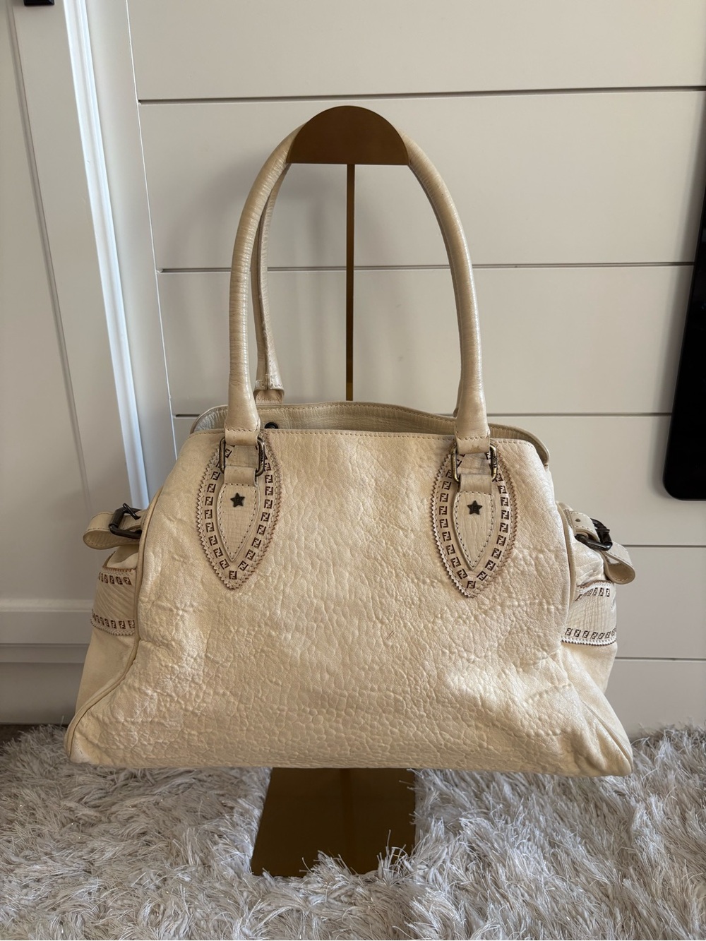 MOTHERS DAY SALE Fendi Cream Leather Tote Bag with Star Accent